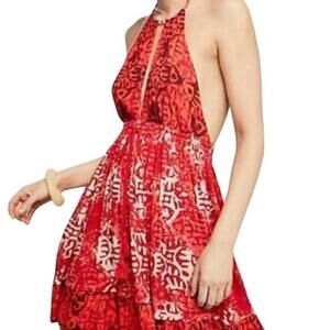 Free People Alluring Halter Mini Dress Keyhole Halter Neckline Red, Orange Small